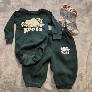 Roots Forest Green Baby One-Piece and Pants Set with White Logo
